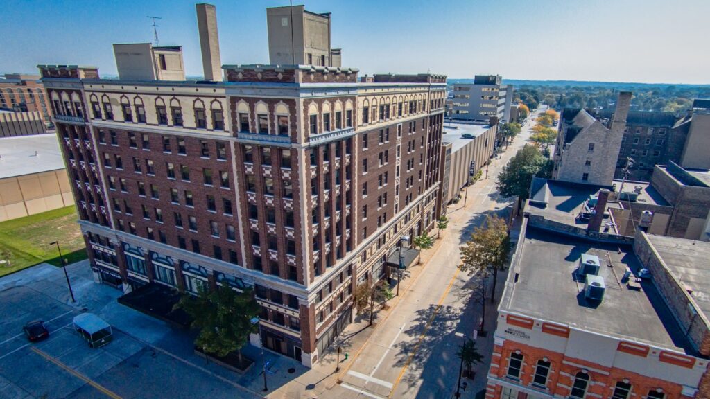 Aerial view of Hotel Northland and downtown Green Bay.