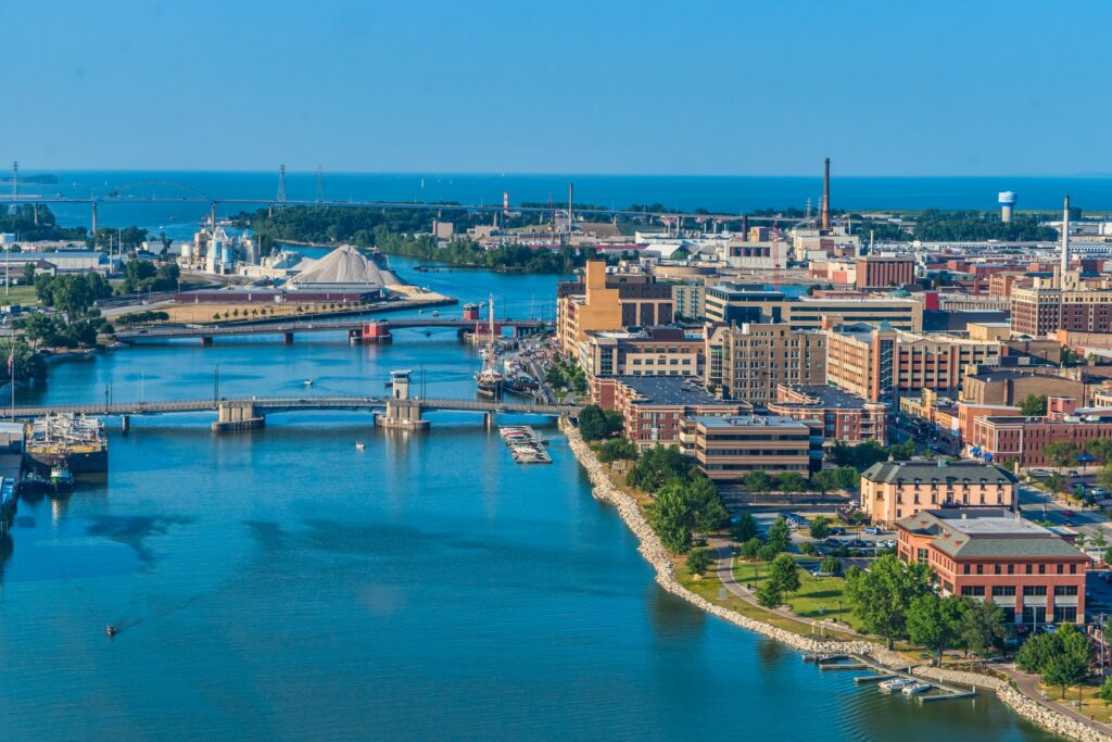 Aerial view along the Fox River through downtown Green Bay.
