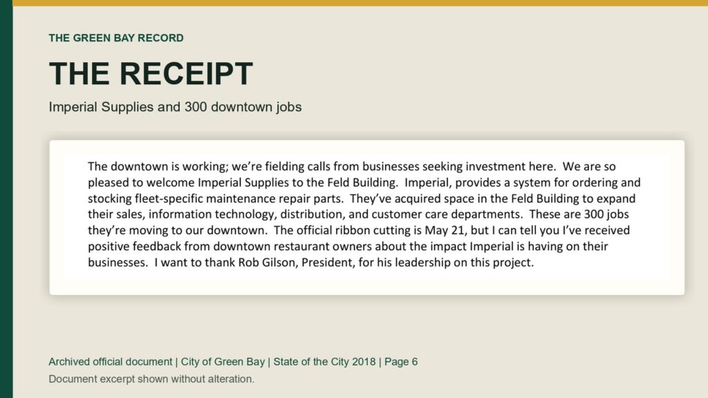 Archival excerpt from the 2018 City of Green Bay State of the City documenting Imperial Supplies moving 300 jobs downtown.