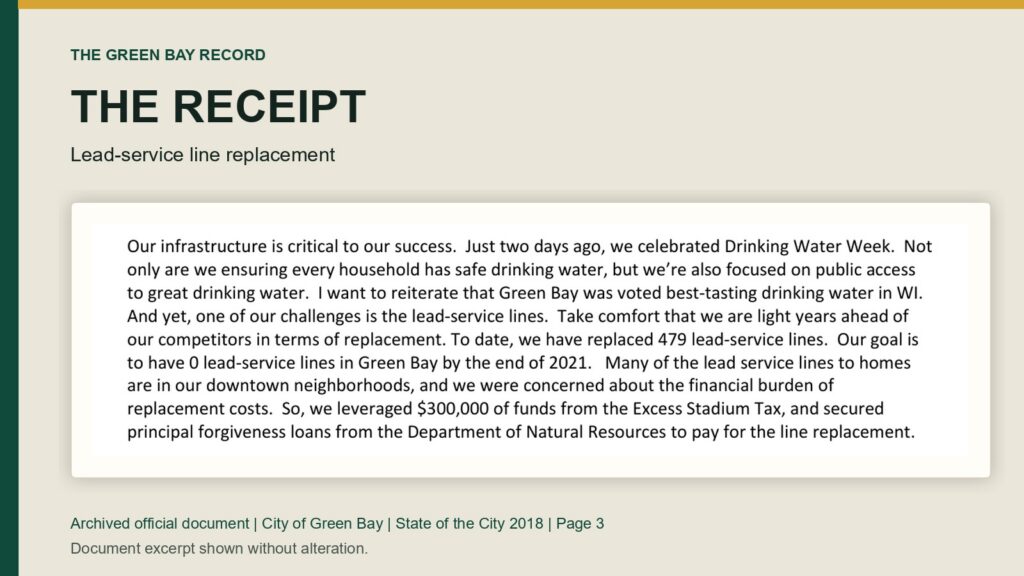 Archival excerpt from the 2018 City of Green Bay State of the City documenting lead-service line replacements and funding.